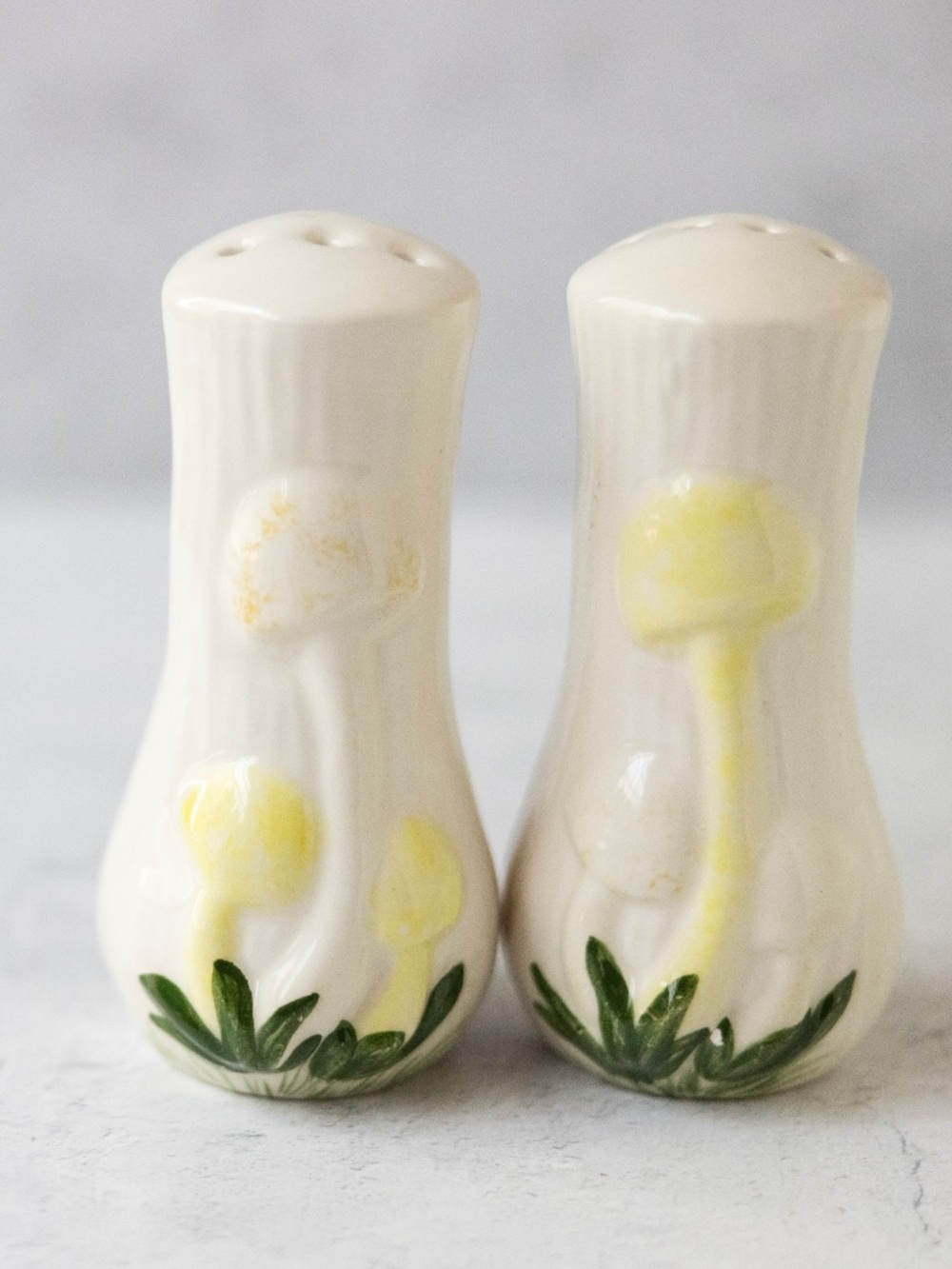 Vintage 1970s hand painted mushroom salt pepper shakers white yellow
